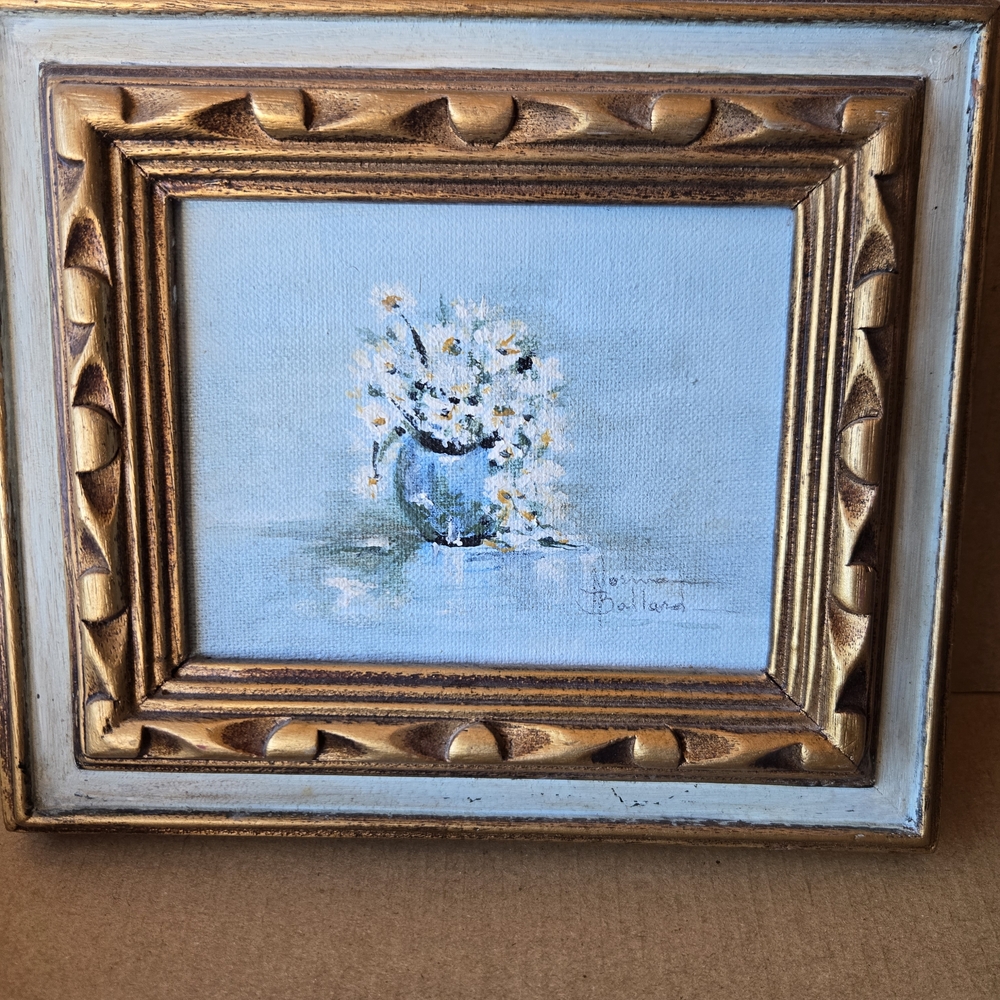 Hand Painted Framed Floral Painting with Gold Accents